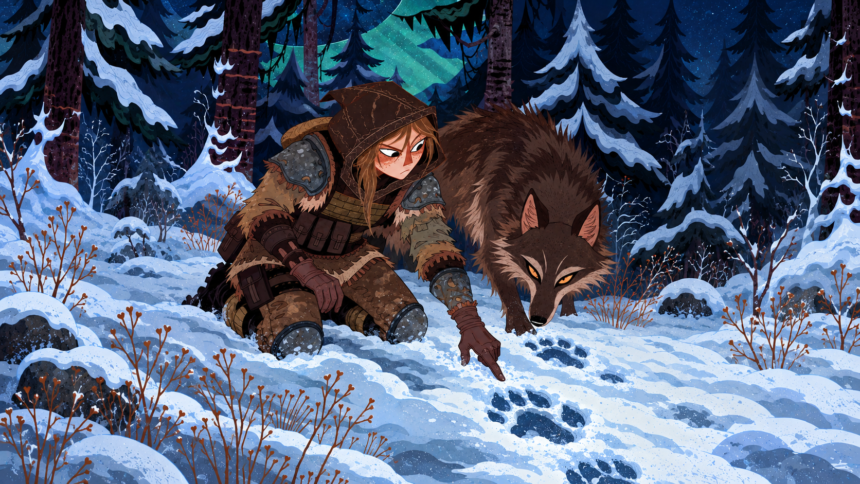 Illustrated bear and traveler in snowy woods