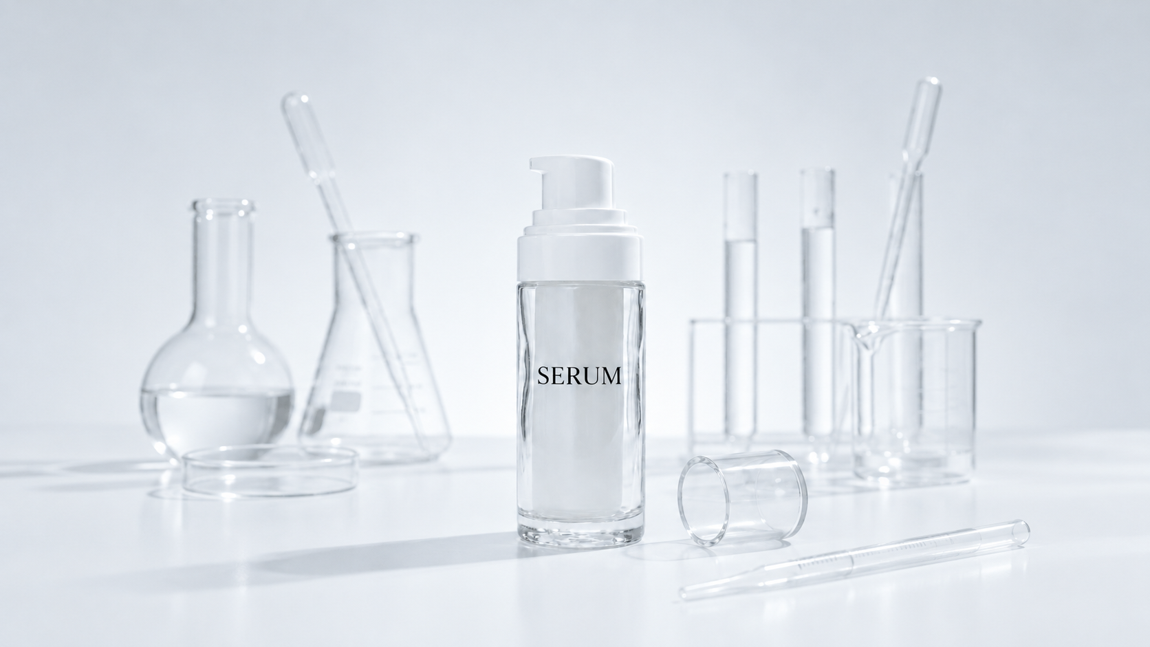 Skincare bottle among glass vessels