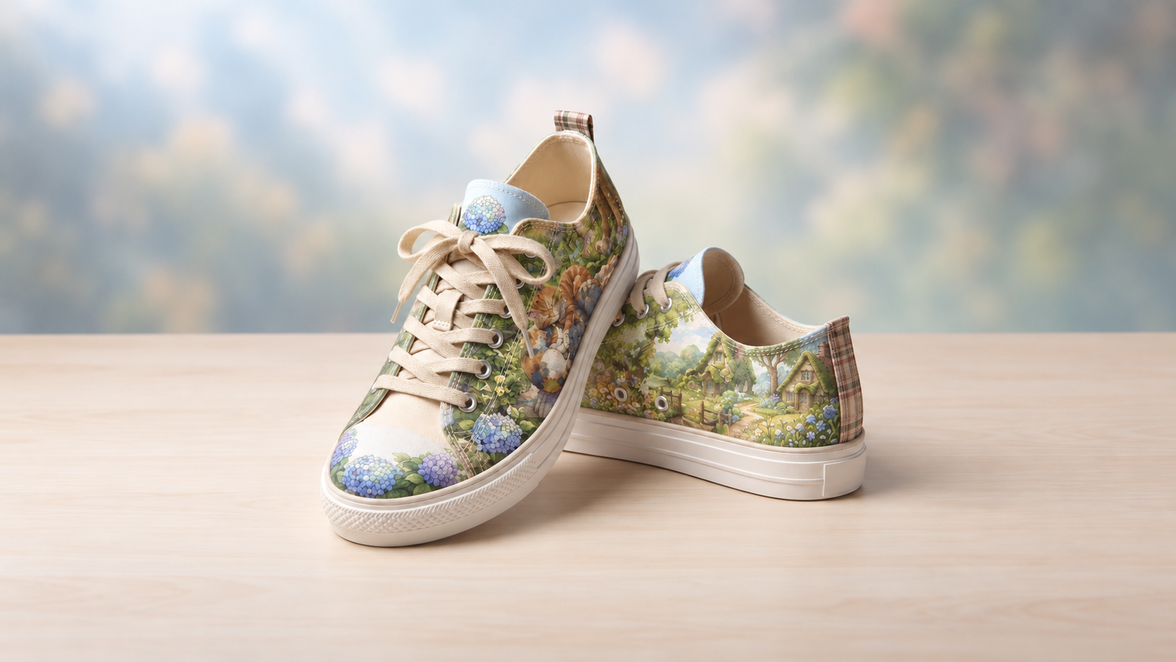 Floral sneakers on a neutral surface