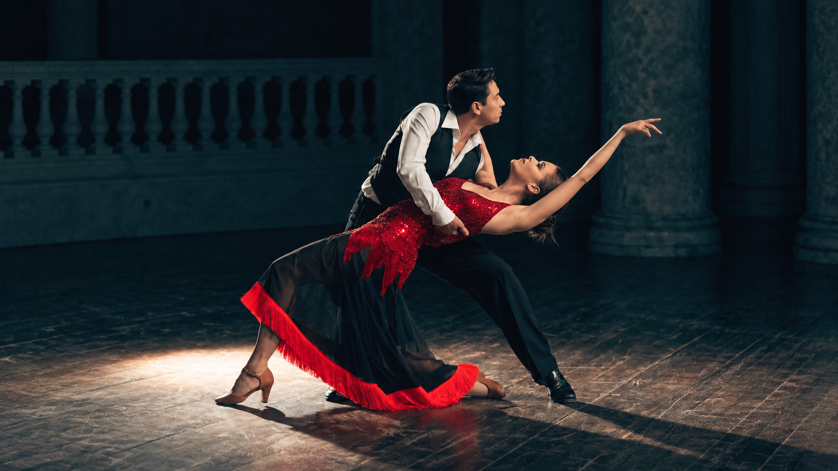 Dancer wearing a red and black dress
