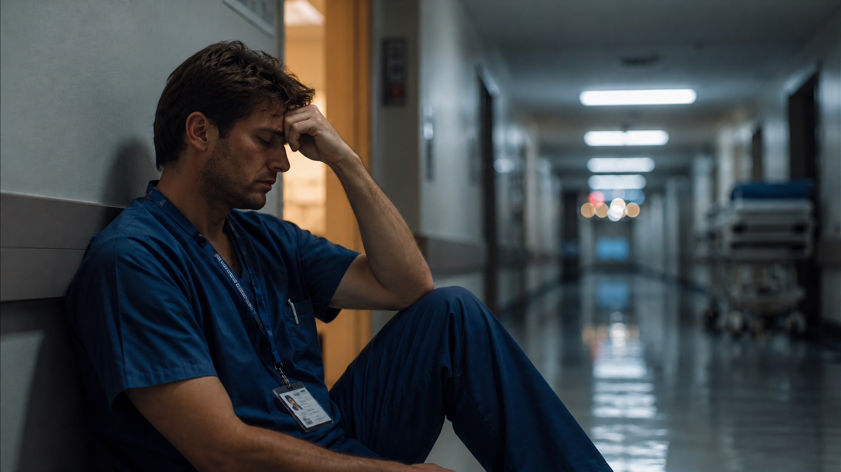 Man seated in a hospital corridor