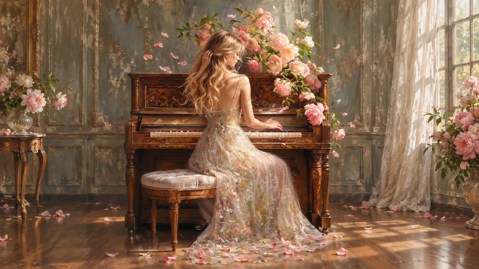Woman in an ornate sunlit room