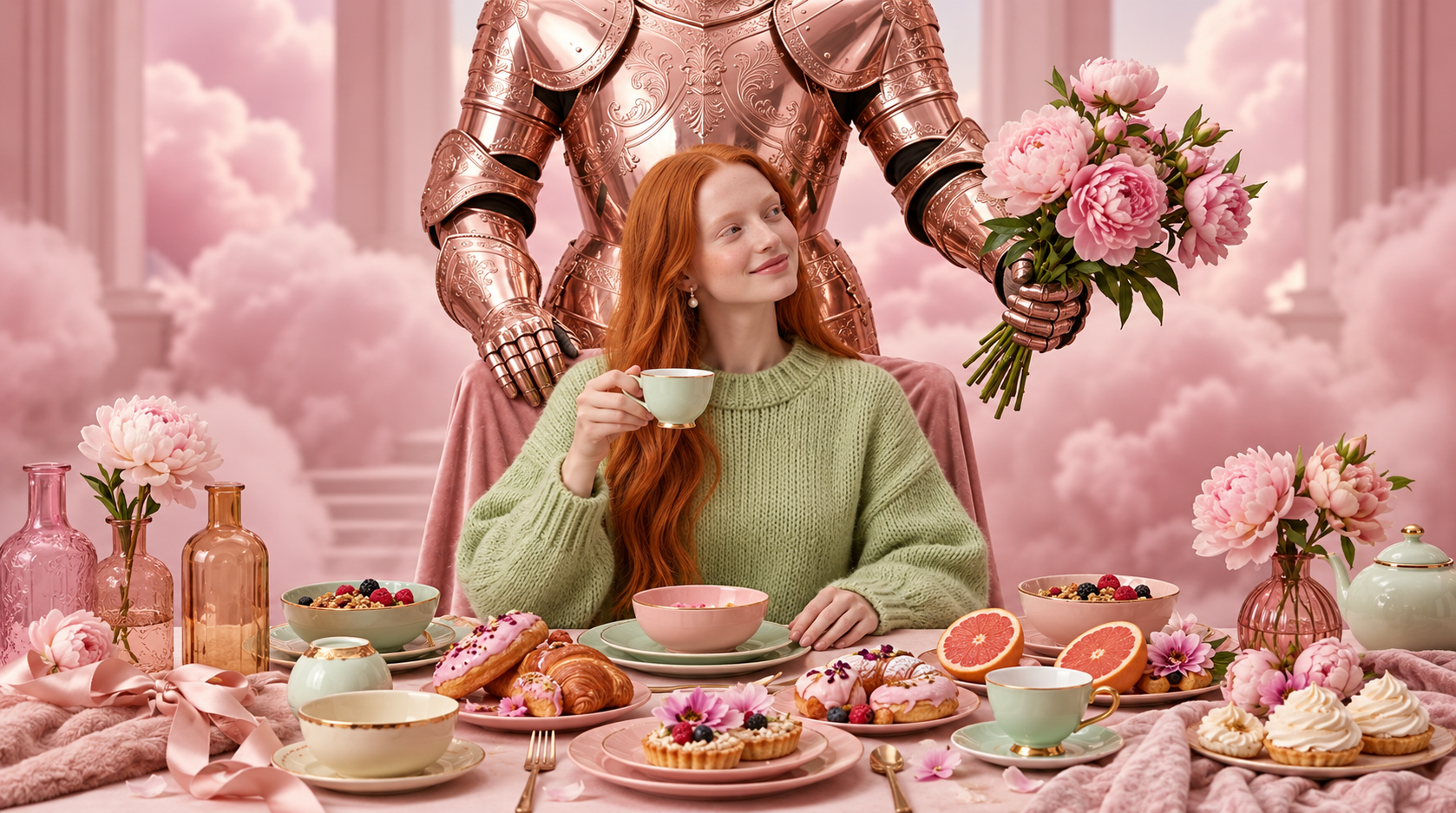 Woman at a floral tea table