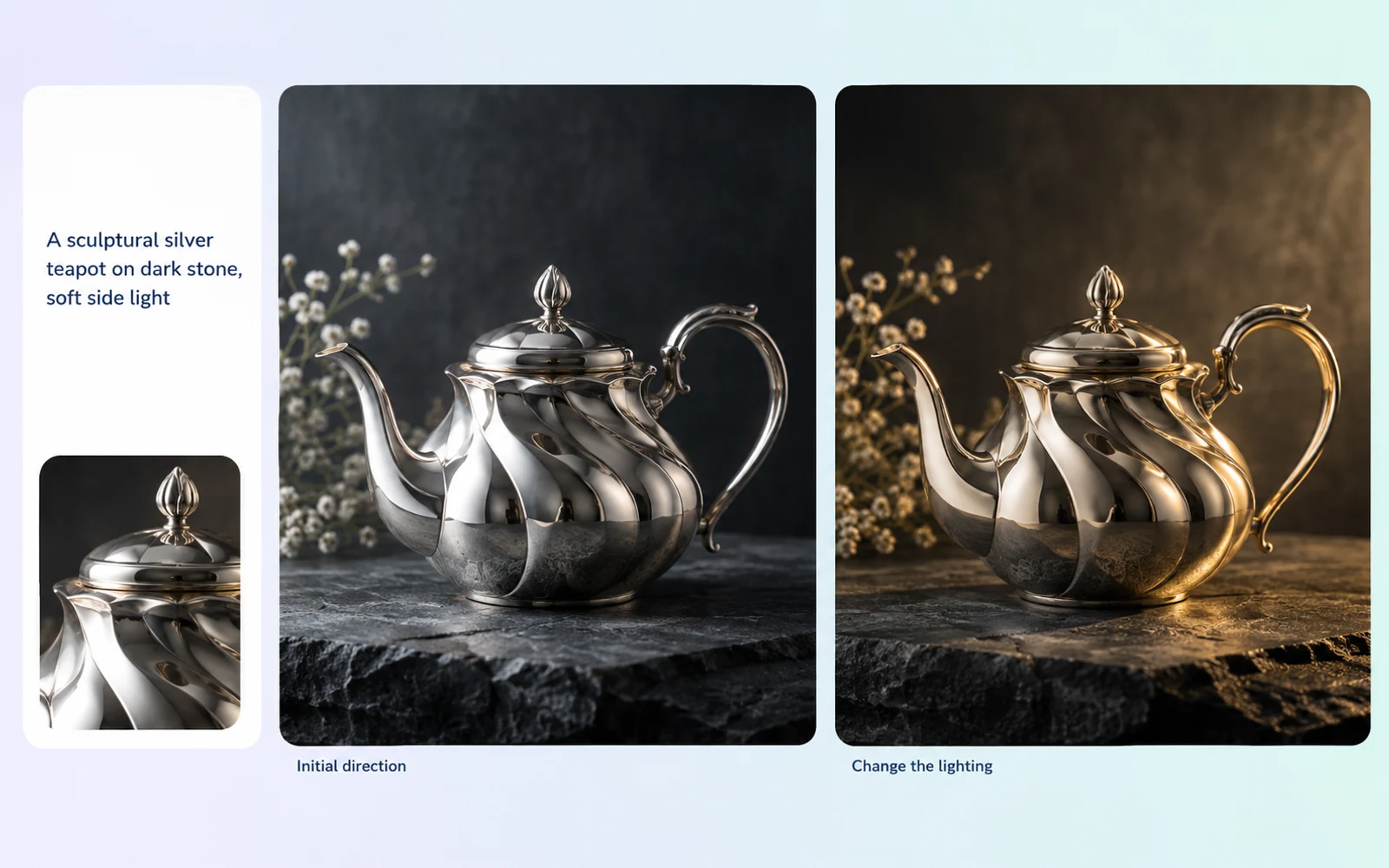 Conceptual illustration of a teapot explored with different lighting