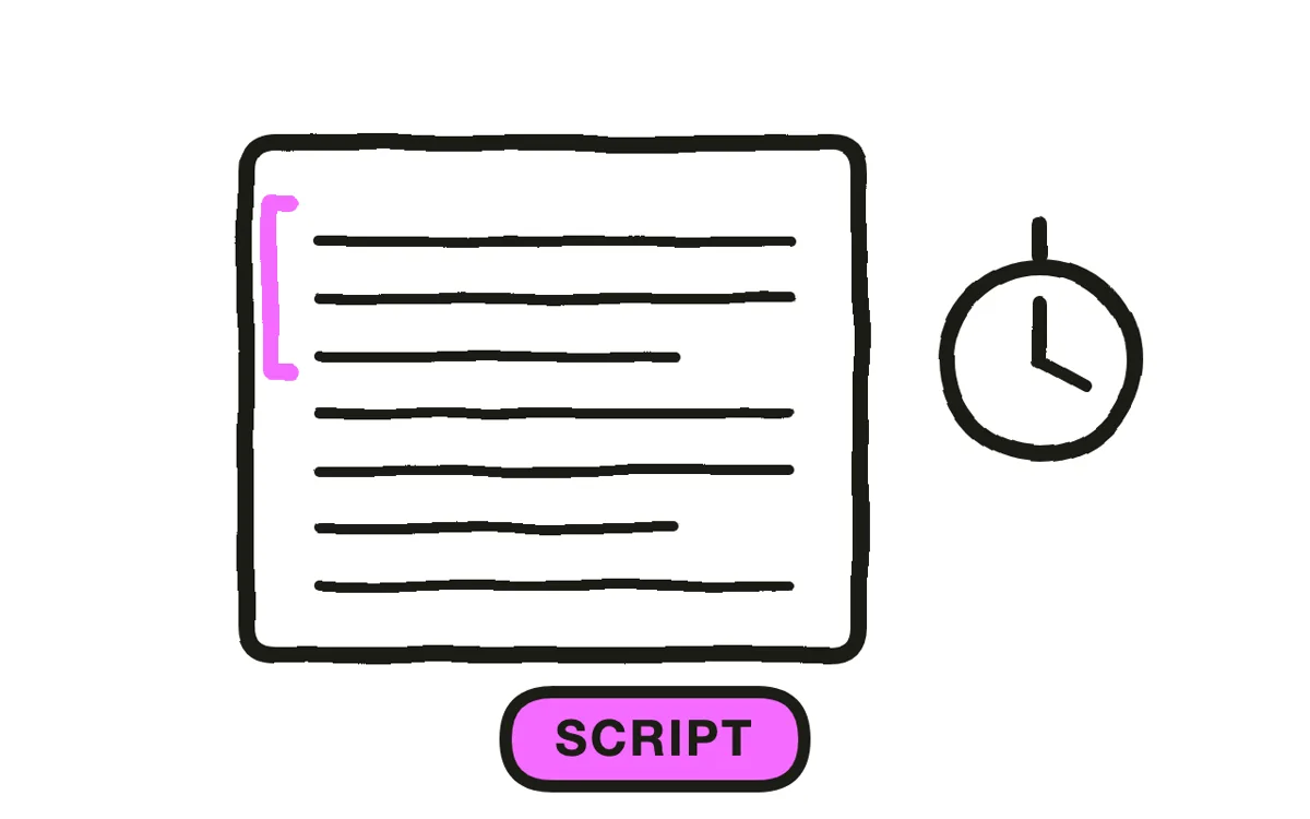 A hand-drawn script page with an intro block, five numbered paragraphs, and a closing recap