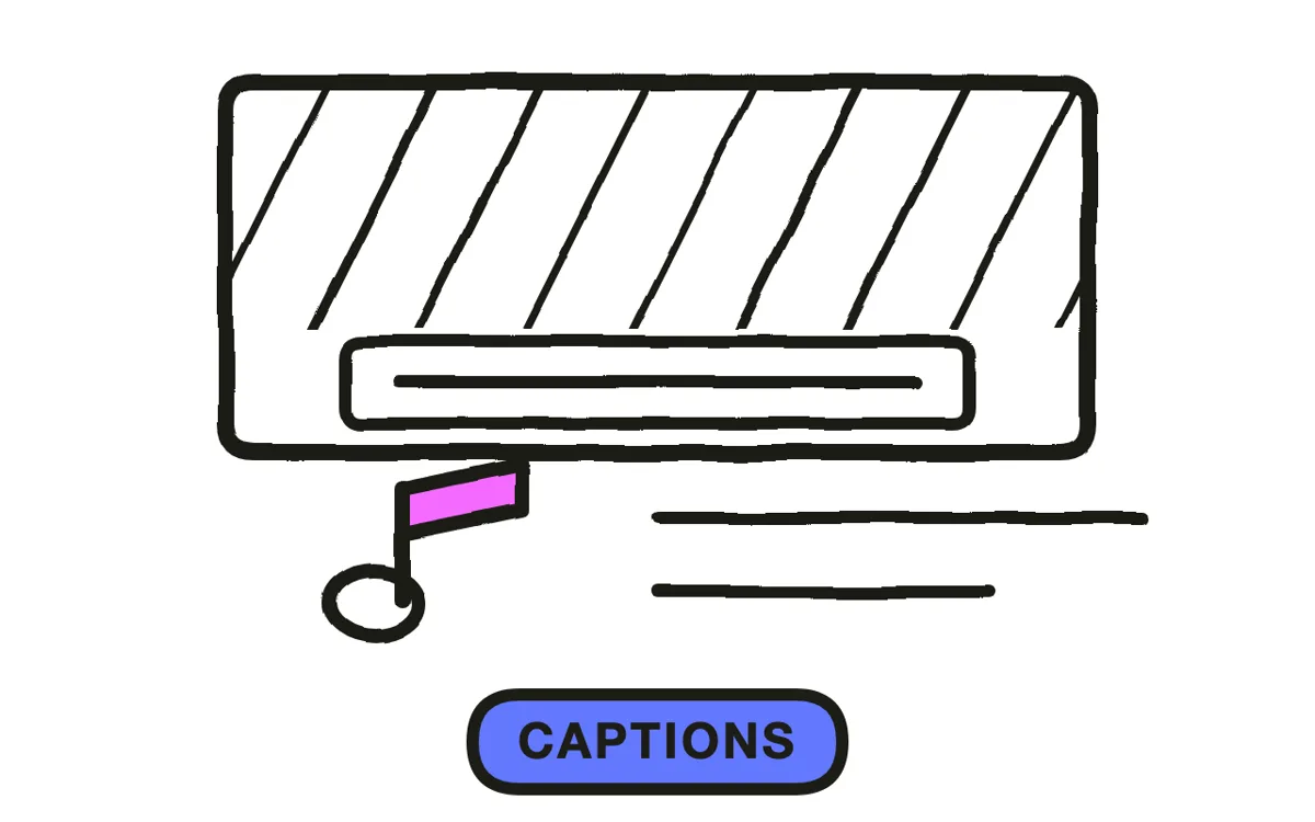 A hand-drawn video player with a caption bar at the bottom and chapter dots along the progress bar