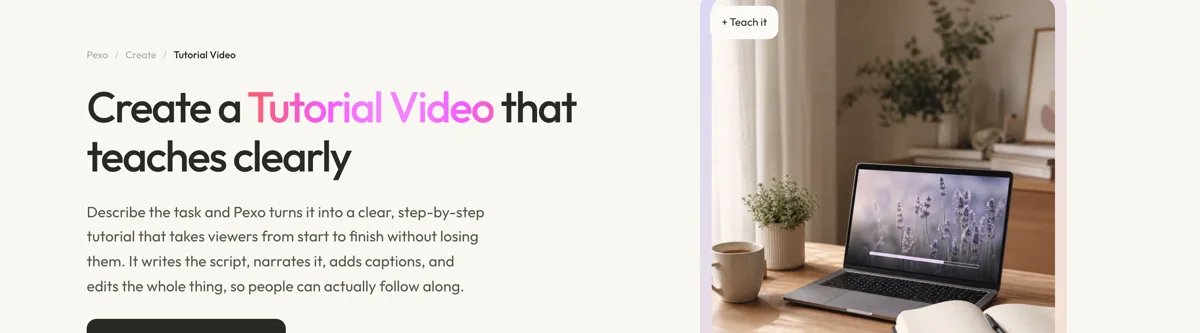 Pexo create page for tutorial videos showing the description box and preset chips