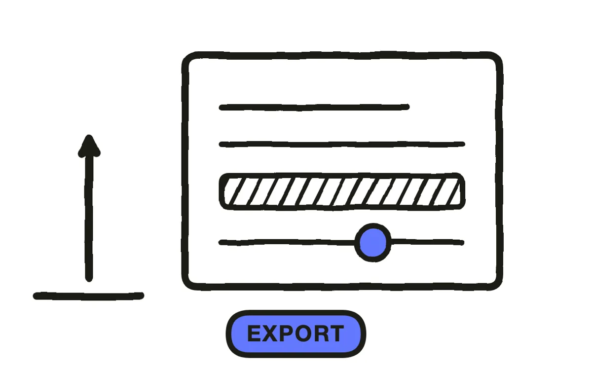 A hand-drawn export dialog showing three aspect ratio options: 9:16 labeled TikTok, 1:1 labeled Feed, 16:9 labeled YouTube