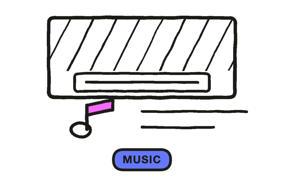 A hand-drawn mixing console with three channel sliders labeled Dialogue, Music, and SFX