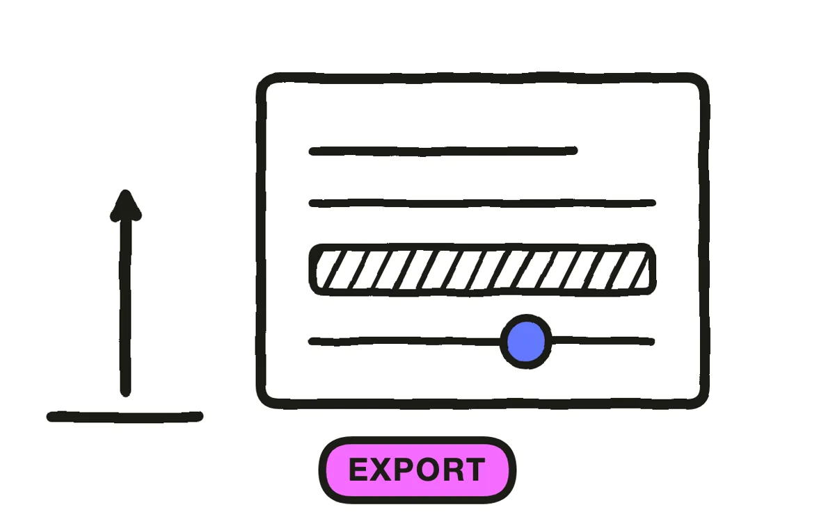 A hand-drawn export dialog showing three format options: 16:9 labeled Film, 9:16 labeled Social, 1:1 labeled Feed