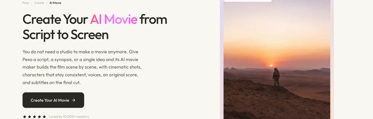Pexo create page for AI movies showing the description box and preset chips