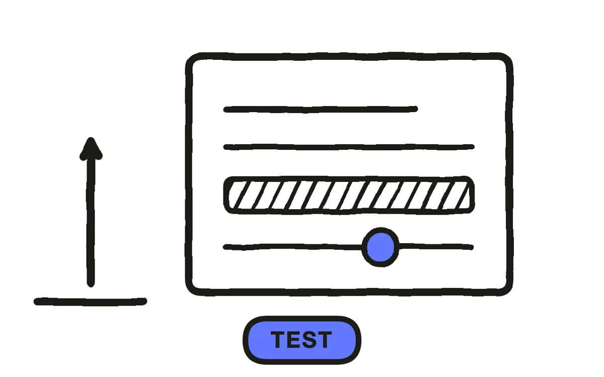 A hand-drawn export panel with a progress bar, a settings slider, and an upload arrow