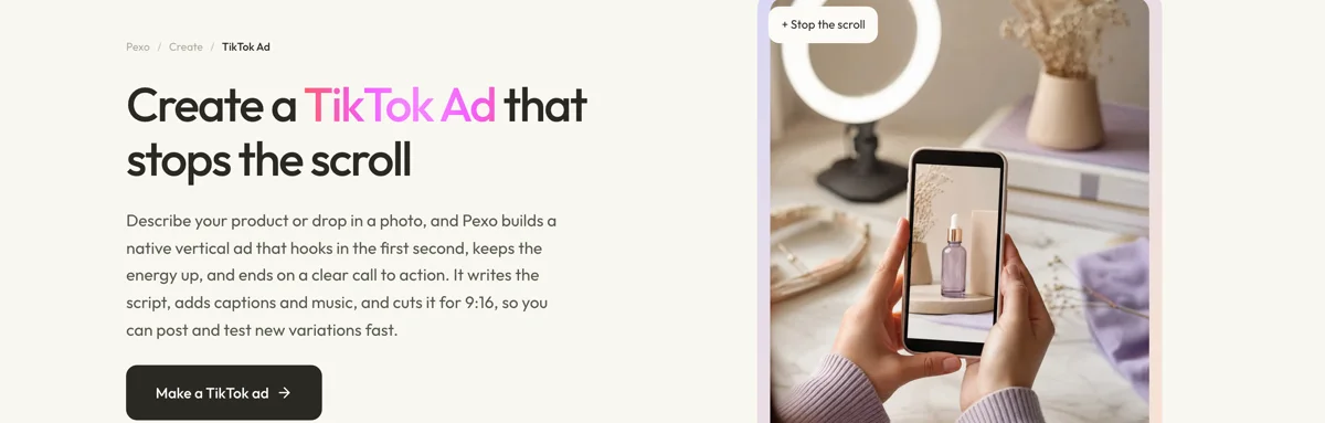 Pexo create page for TikTok ads showing the description box and preset chips