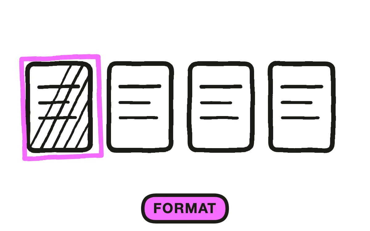 A hand-drawn card grid with four ad format options, one circled
