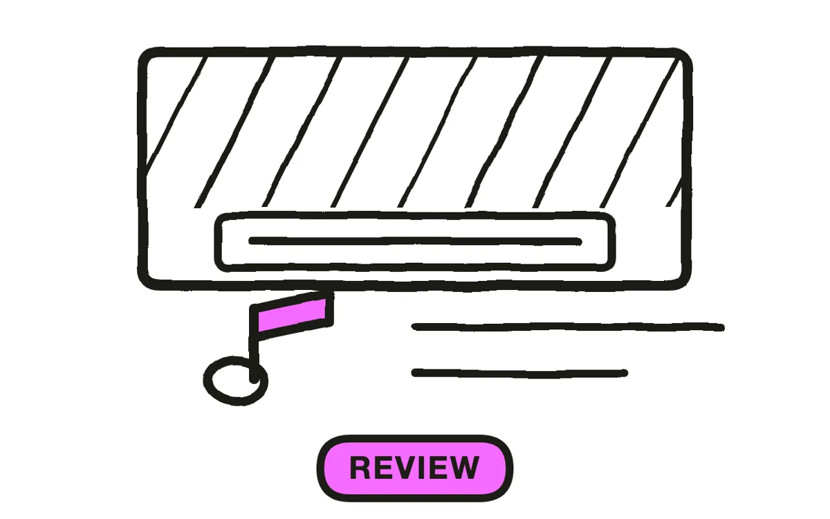 A hand-drawn video frame with a caption bar and a review marker beneath it