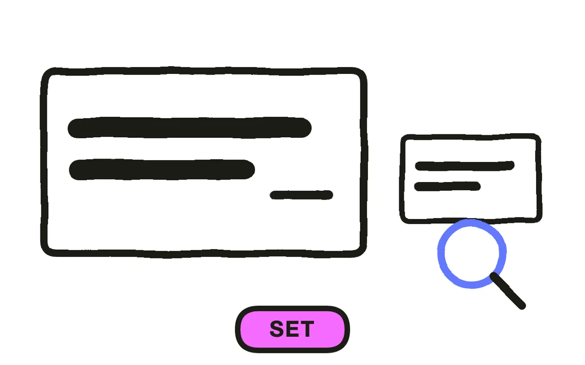 A hand-drawn set frame with heavy layout lines beside a smaller preview card under a magnifier