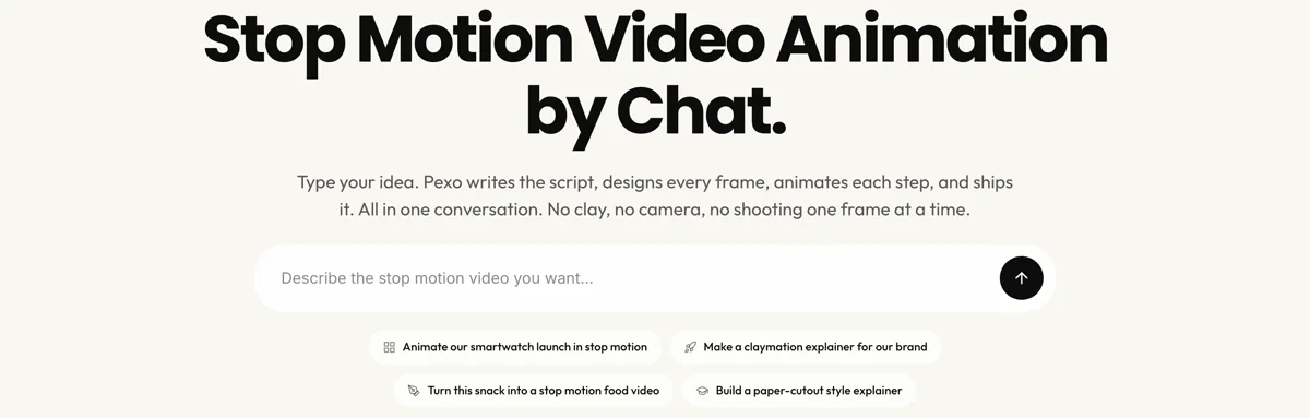 Pexo create page for stop motion animation showing the description box and preset chips labeled smartwatch launch, claymation explainer, stop motion food video, and paper-cutout explainer