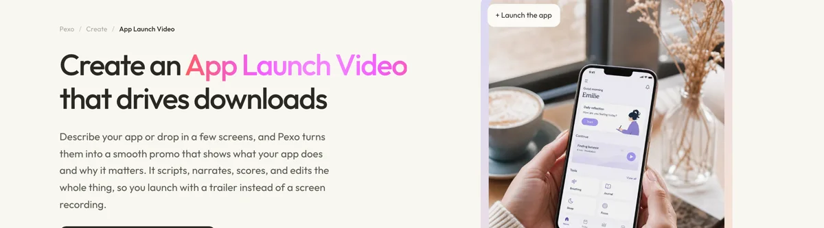 Pexo create page for app launch videos showing the description box and preset chips