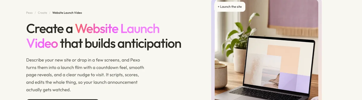 Pexo create page for website launch videos showing the description box and preset chips
