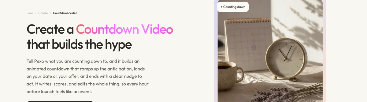 Pexo create page for countdown videos showing the description box and preset chips