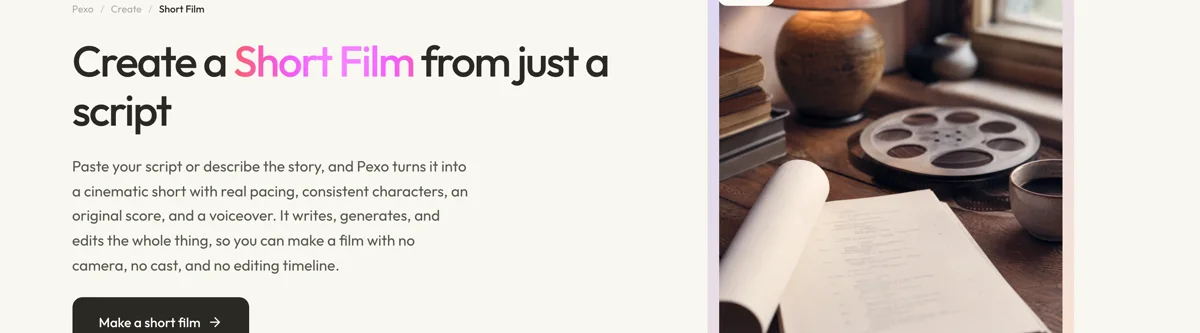 Pexo create page for short films showing the description box and preset chips