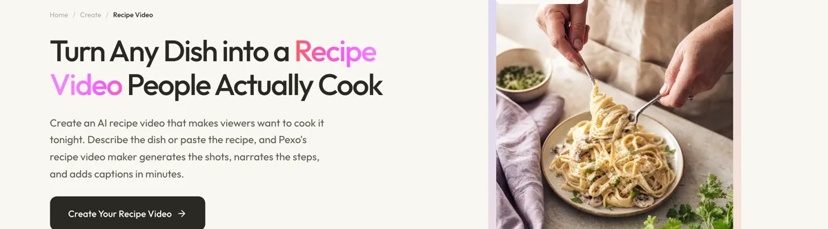 Pexo create page for recipe videos showing the description box and preset chips