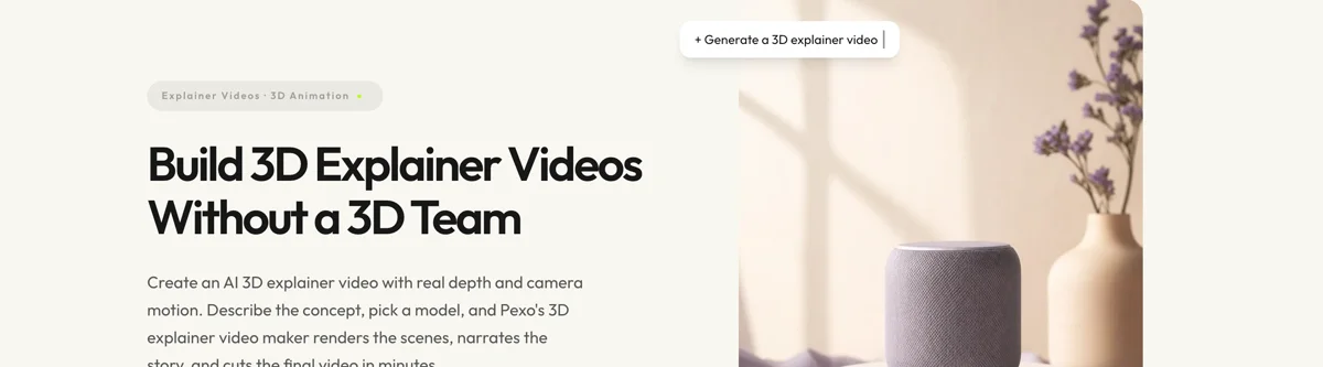 Pexo create page for 3D explainer videos showing the description box and preset chips