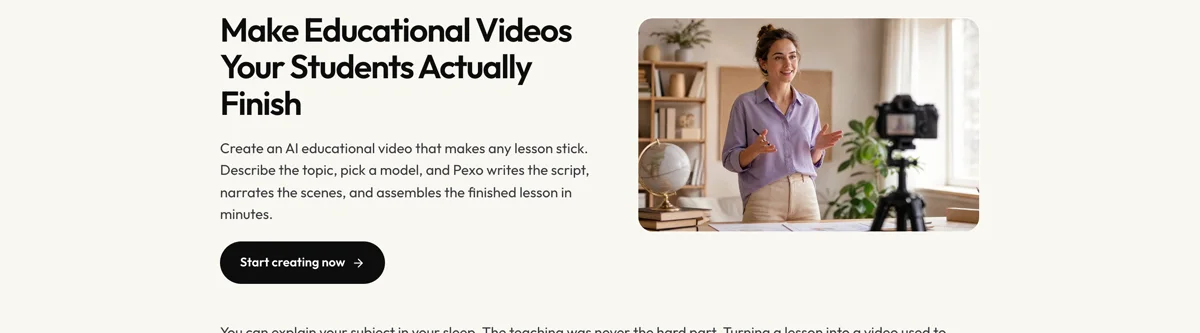 Pexo create page for educational videos showing the description box and preset chips