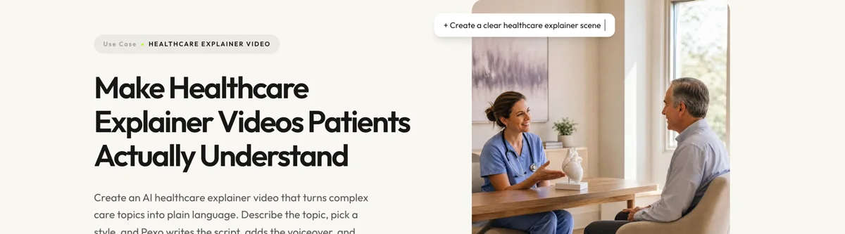 Pexo create page for healthcare explainer videos showing the description box and preset chips