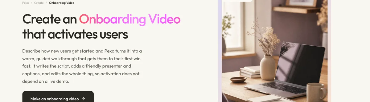 Pexo create page for onboarding video showing the description box and preset chips