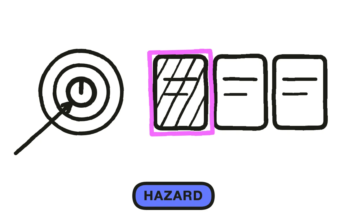 A hand-drawn floor plan with hazard zones marked and a camera path drawn