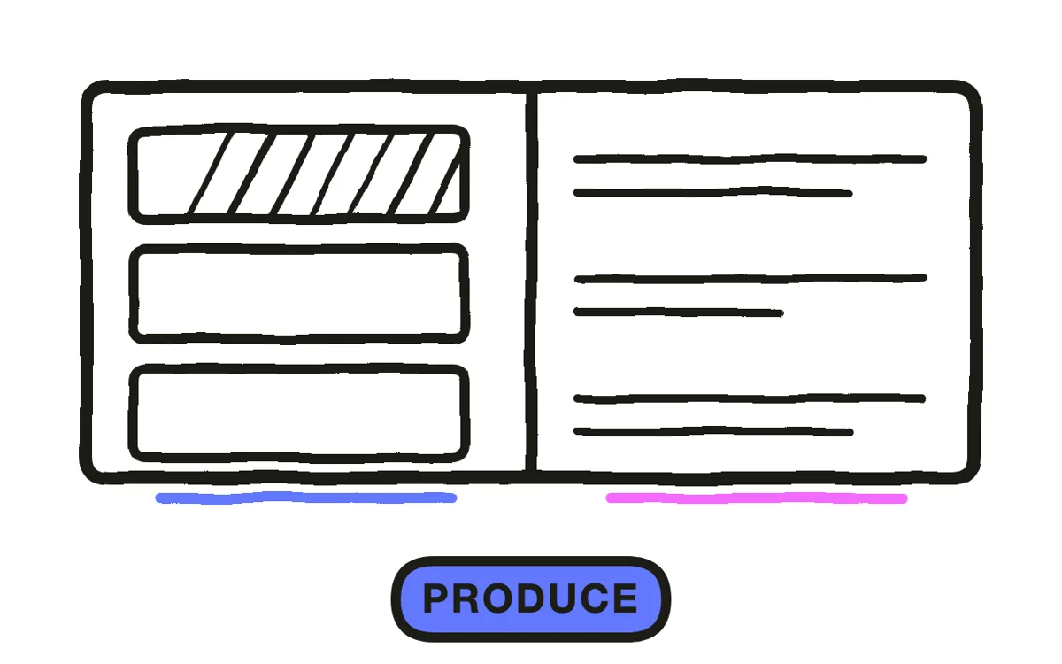 A hand-drawn split screen: a warehouse aisle on the left, a chat interface generating video on the right