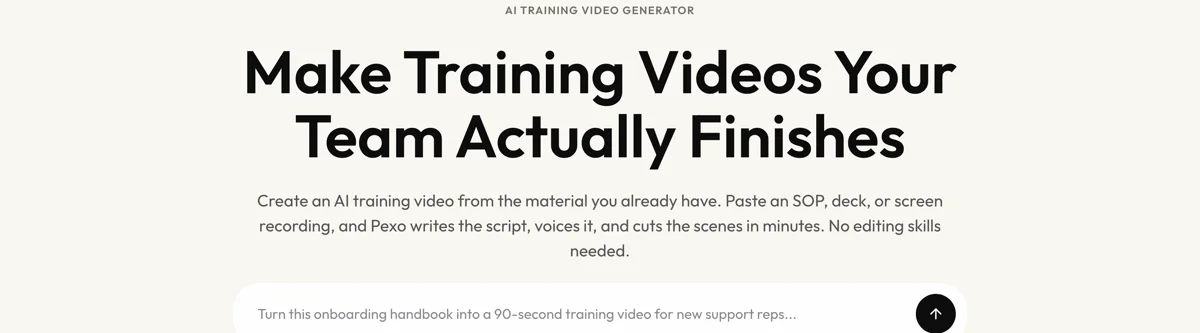 Pexo create page for training video showing the description box and preset chips