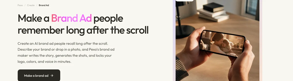 Pexo create page for brand ads showing the description box and preset chips