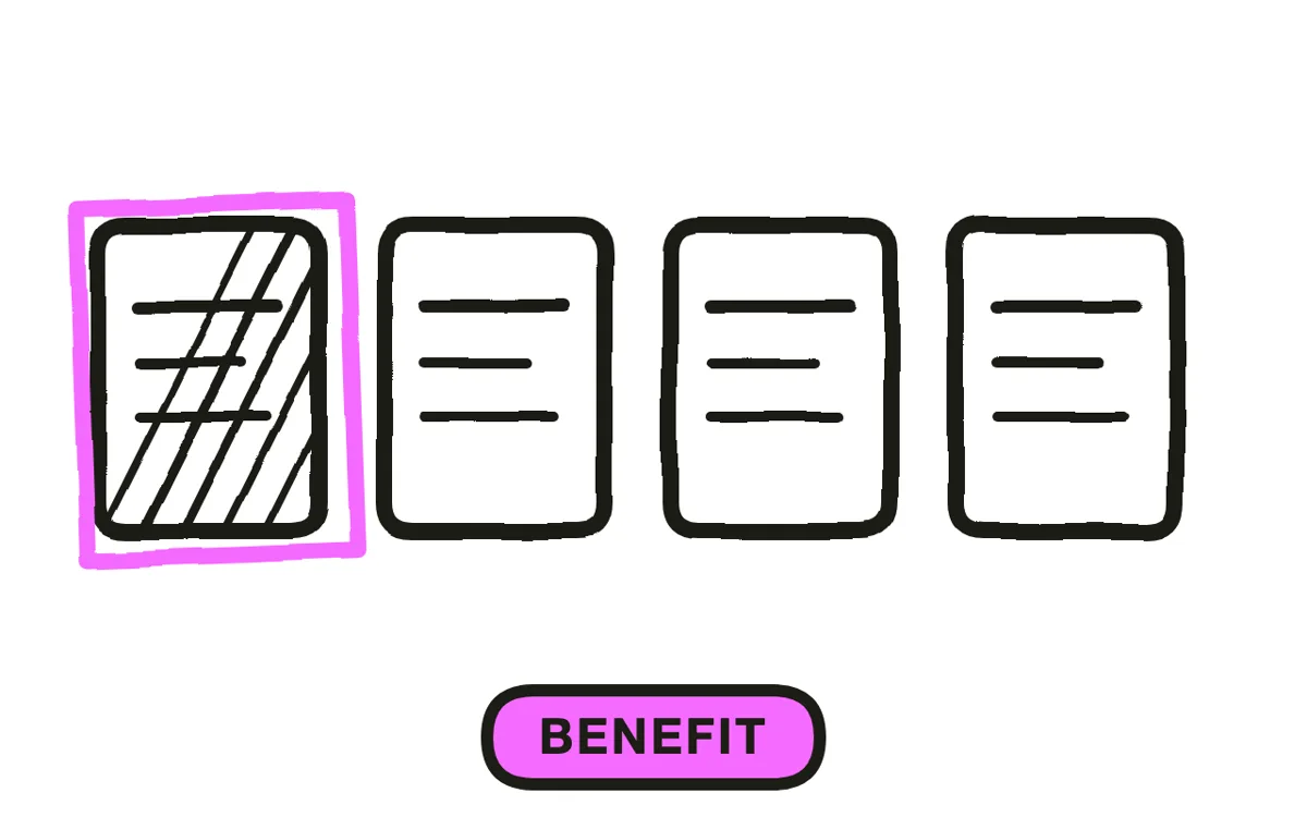 A hand-drawn card row with one card circled and hatched, three plain cards beside it
