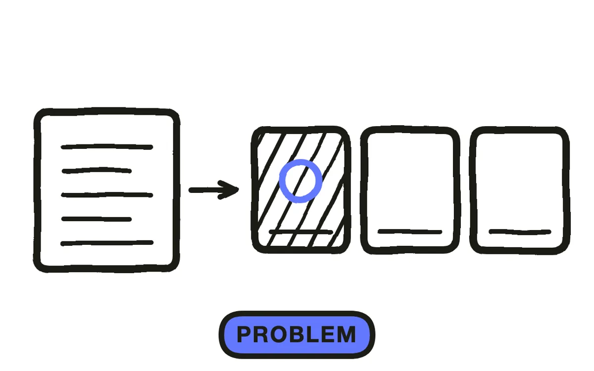A hand-drawn storyboard strip with a problem frame before a product frame