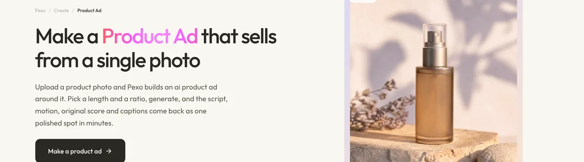 Pexo create page for product ads showing the description box and preset chips