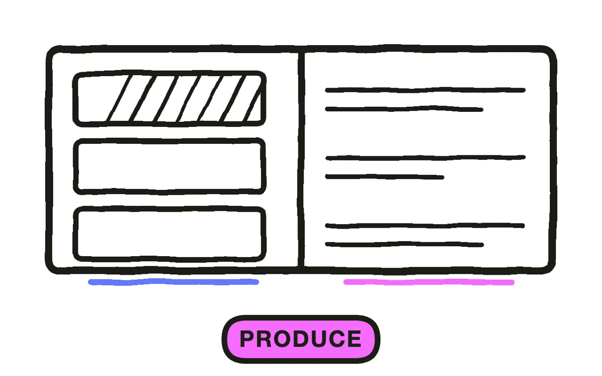 A hand-drawn split screen: a shadowed object on the left, a chat interface generating video on the right