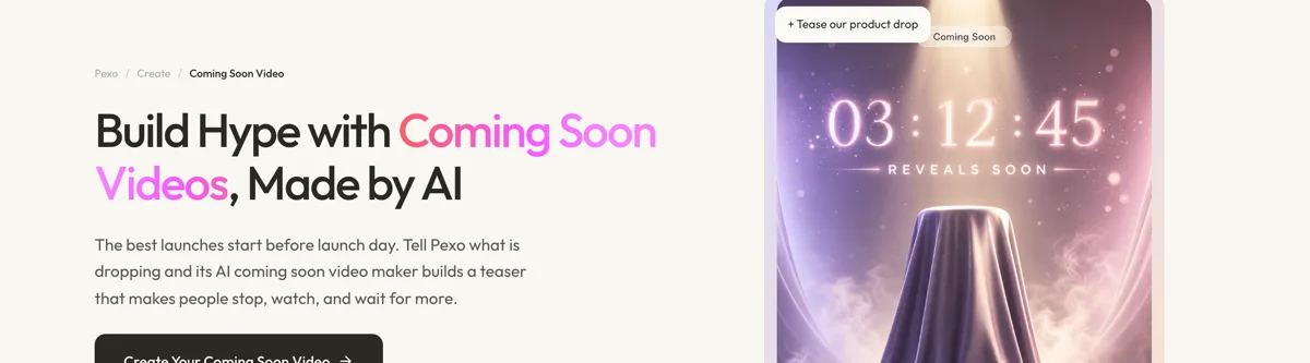 Pexo create page for coming soon videos showing the description box and preset chips