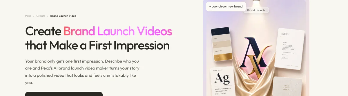 Pexo create page for brand launch videos showing the description box and preset chips