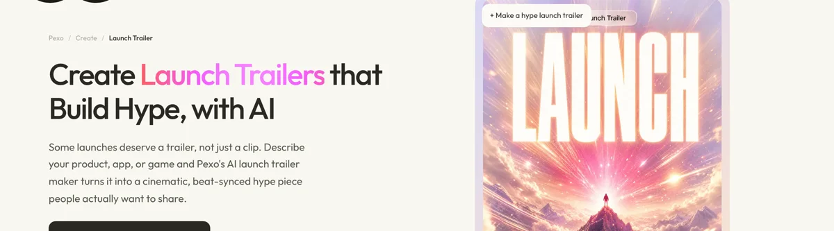 Pexo create page for launch trailers showing the description box and preset chips