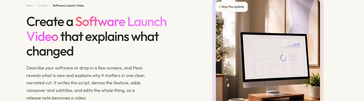 Pexo create page for software launch videos showing the description box and preset chips