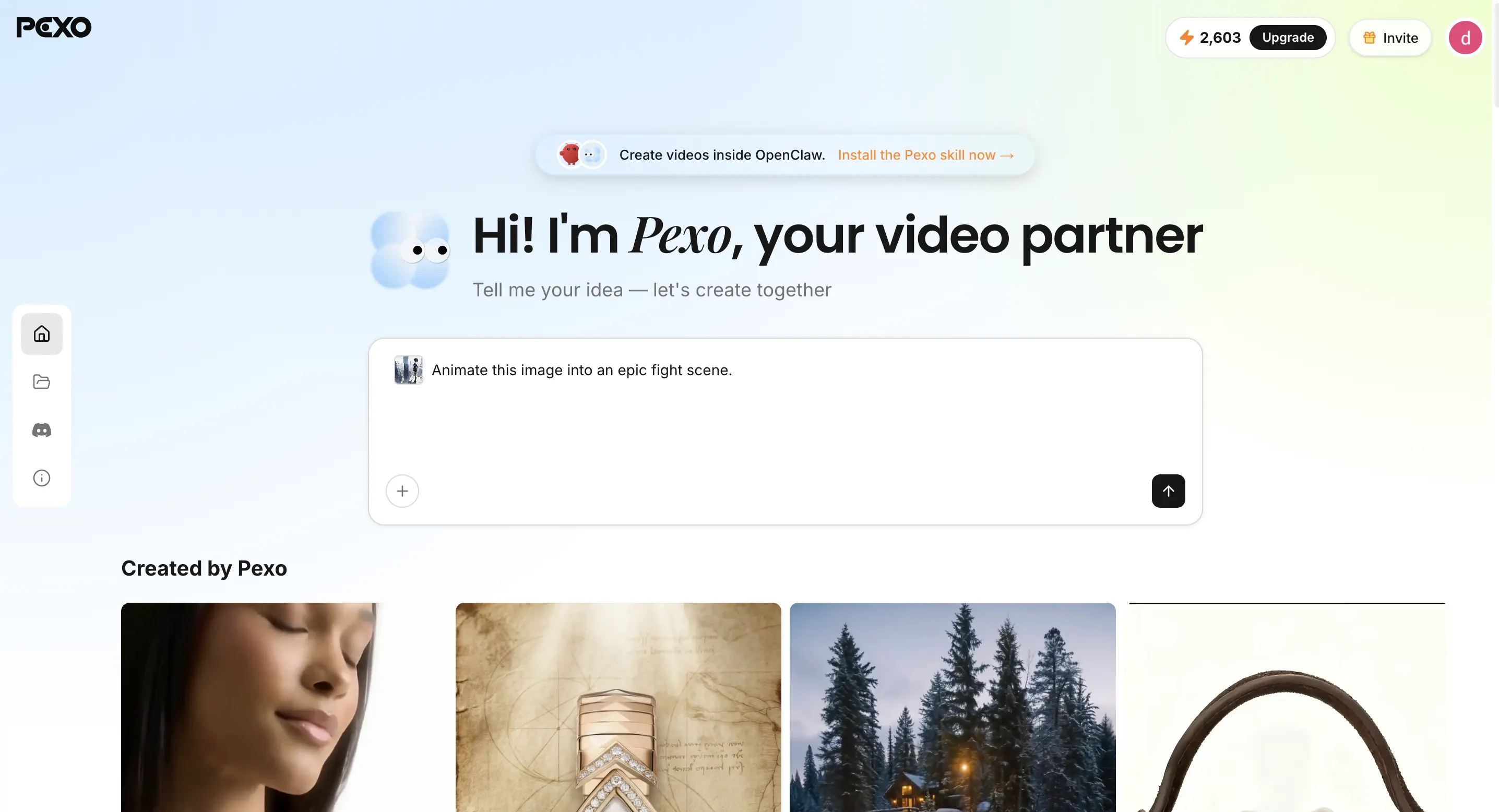 Pexo AI image to video chat interface