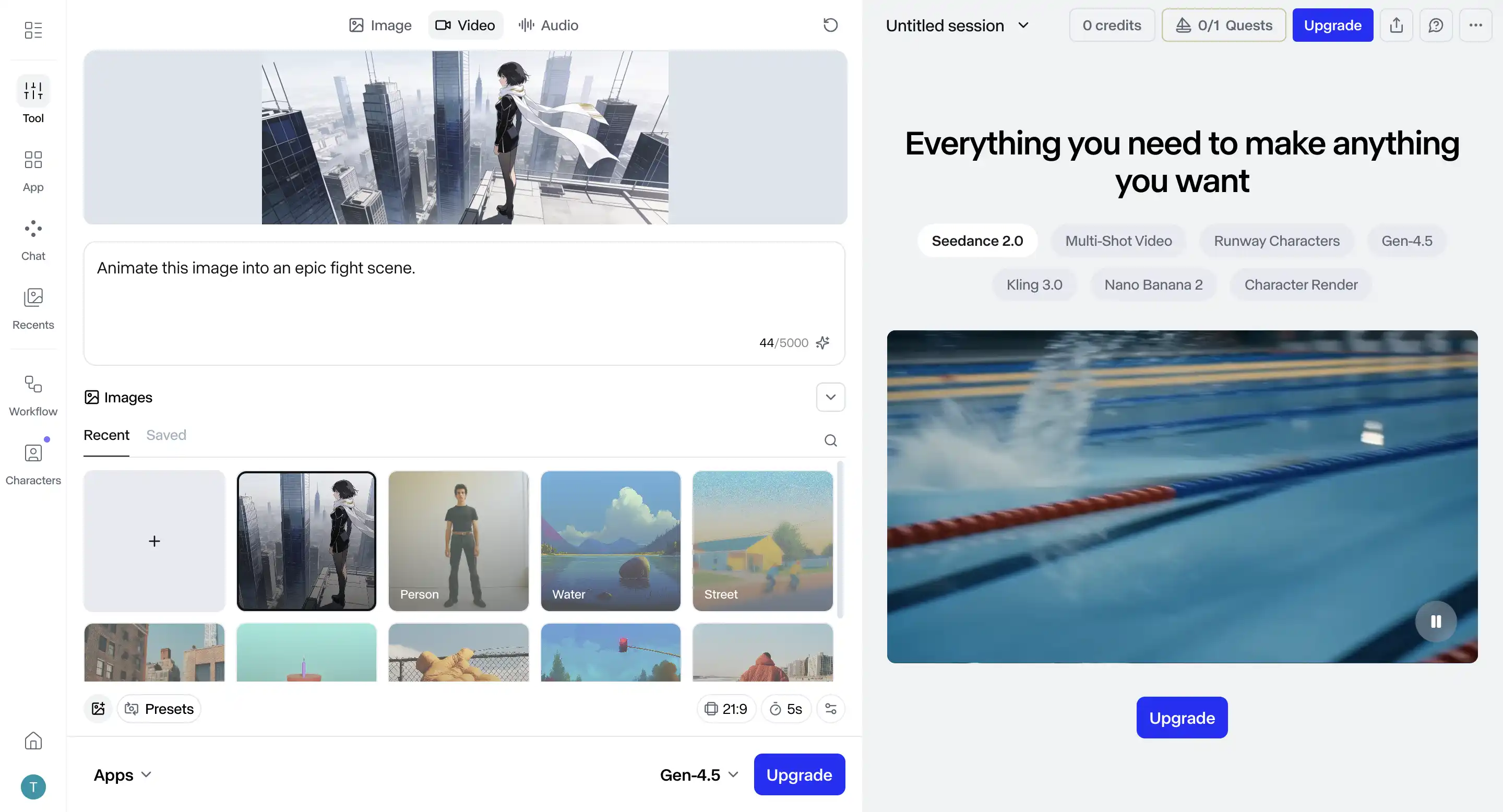 Runway Gen 4.5 image to video workspace