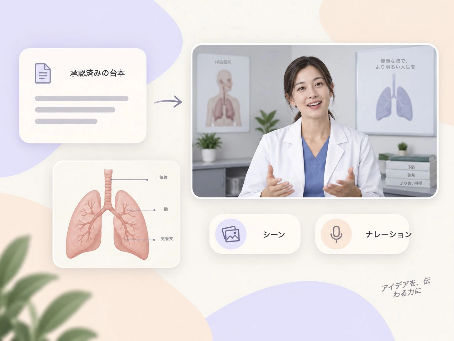 確認済みの脚本をナレーション付きの教育シーンに変える、医療動画制作フローの説明用イメージ