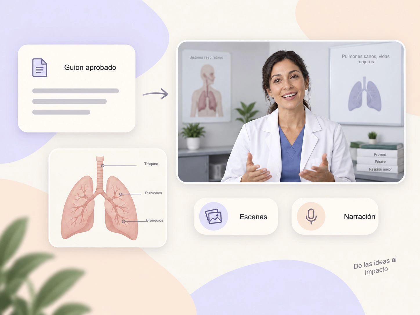 Flujo de trabajo ilustrativo para videos médicos: conversión de un guion revisado en escenas educativas narradas