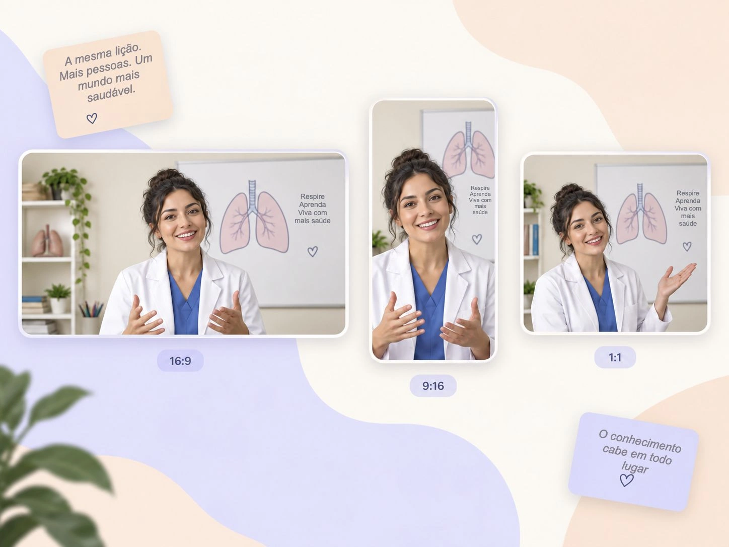 Um vídeo médico exportado nos formatos 16:9, 9:16 e 1:1, com resolução de até 4K