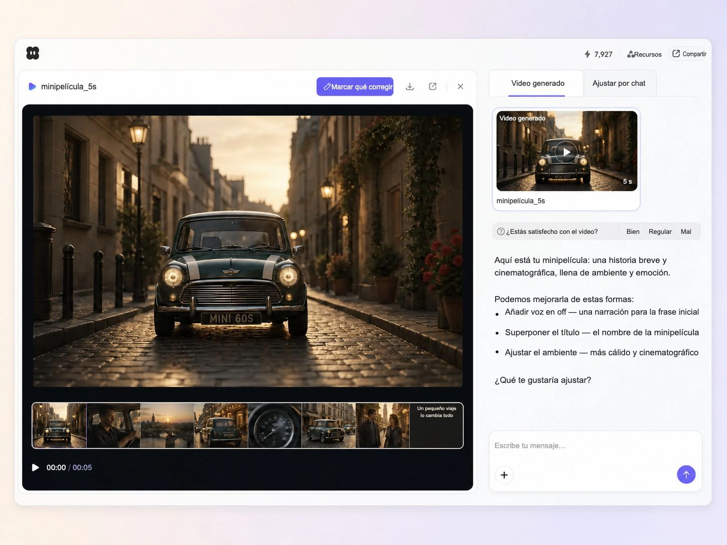 Creación de una minipelícula a partir de una indicación de texto y una foto en el editor de Pexo