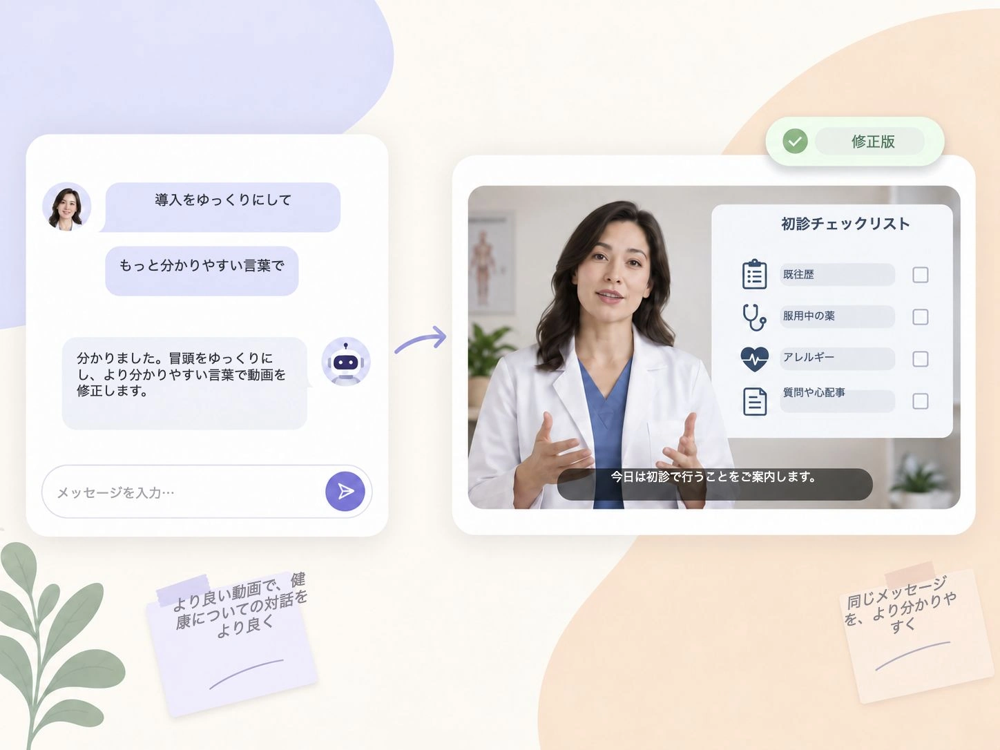 導入部分の速度を落とし、内容を簡潔にするよう依頼した医療動画の修正例