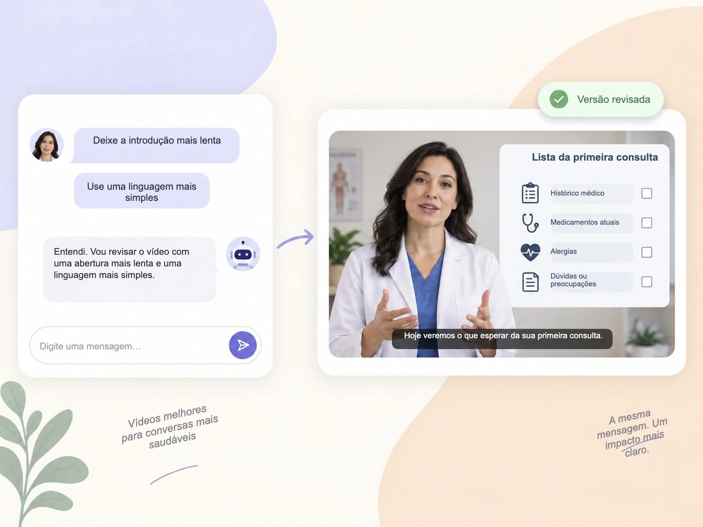 Revisão ilustrativa de vídeo médico mostrando uma solicitação para diminuir a velocidade e simplificar a introdução